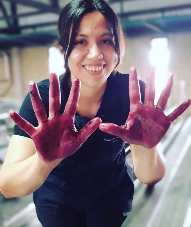 María Belén, con las manos teñidas de mosto, que en breve se transformará en vino. María Belén, con las manos teñidas de mosto, que en breve se transformará en vino.