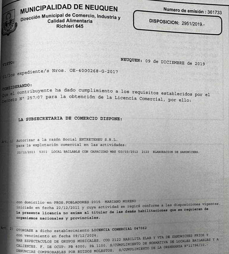 El 9 de diciembre de 2019 se firmó la disposición 2951/2019 por la cual se otorgó la licencia comercial a Entreteneu SRL. El 9 de diciembre de 2019 se firmó la disposición 2951/2019 por la cual se otorgó la licencia comercial a Entreteneu SRL.