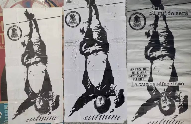 “Antes de que sea demasiado tarde”, “el ruido será la tumba del régimen” y “el ruido será la tumba del fascismo”, rezan las pancartas que acompañan imágenes de la cara de Javier Mile. Foto: Google.  