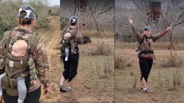 Polémica por una mujer que salió a cazar con su bebé a cuestas