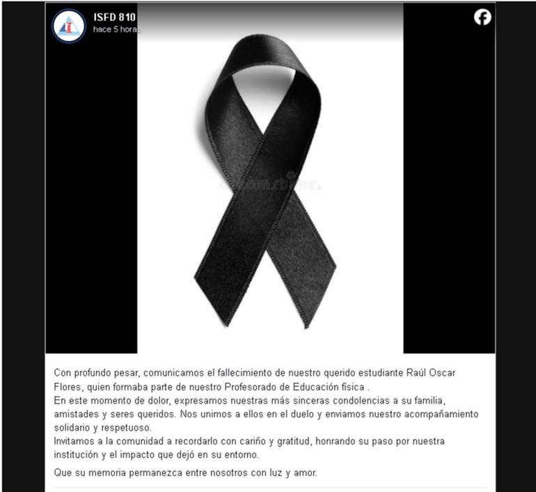 El posteo en Facebook del Insitituto de Educación Física de Comodoro Rivadavia en el que estudiaba uno de los jóvenes fallecidos en el accidente en la ruta 3. El posteo en Facebook del Insitituto de Educación Física de Comodoro Rivadavia en el que estudiaba uno de los jóvenes fallecidos en el accidente en la ruta 3. 