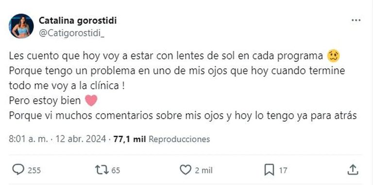 El posteo de Catalina de Gran Hermano sobre lo que le ocurrió en uno de sus ojos. El posteo de Catalina de Gran Hermano sobre lo que le ocurrió en uno de sus ojos. 