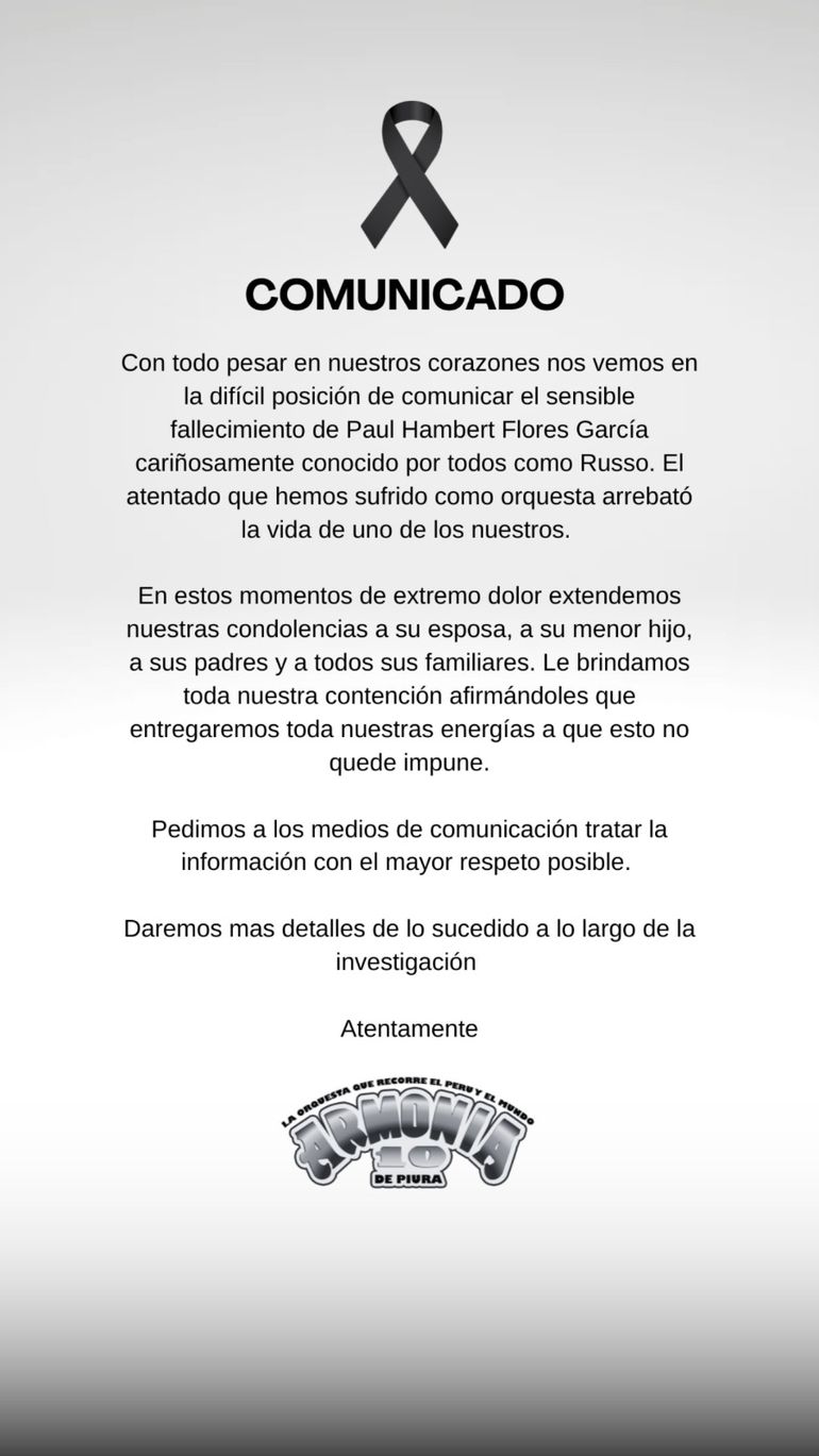 El comunicado de Armonía 10, uno de los grupos de cumbia más conocidos de Perú, tras el asesinato de uno de sus vocalistas. El comunicado de Armonía 10, uno de los grupos de cumbia más conocidos de Perú, tras el asesinato de uno de sus vocalistas.