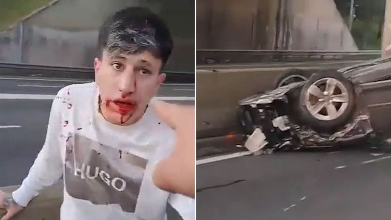 Video: conducía borracho, chocó tres autos, volcó, recibió una paliza y quedó todo grabado