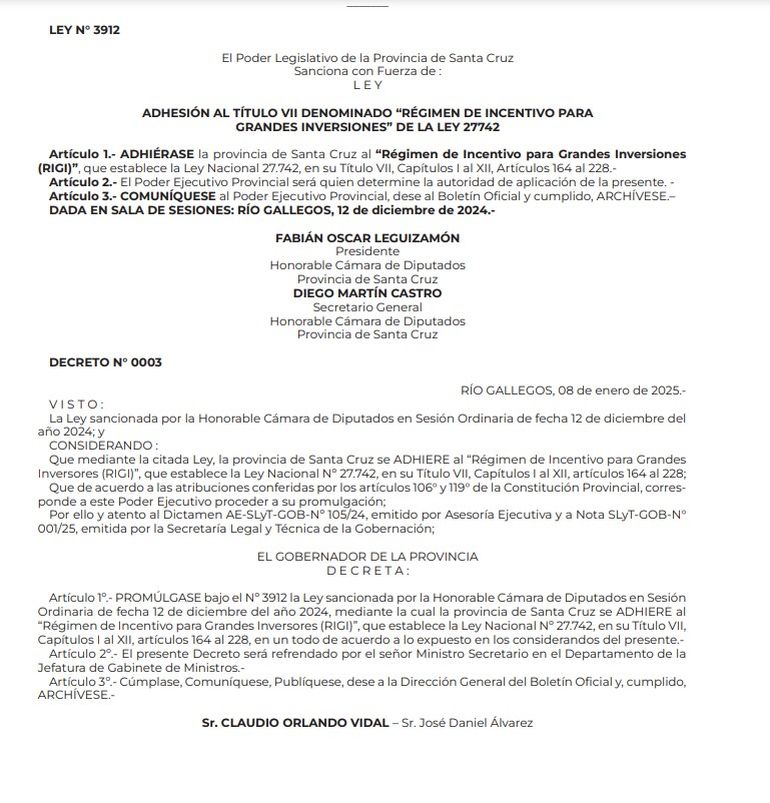 La promulgación de la ley se cristalizó con la publicación del Decreto N° 3 en el Boletín Oficial de Santa Cruz. La promulgación de la ley se cristalizó con la publicación del Decreto N° 3 en el Boletín Oficial de Santa Cruz.