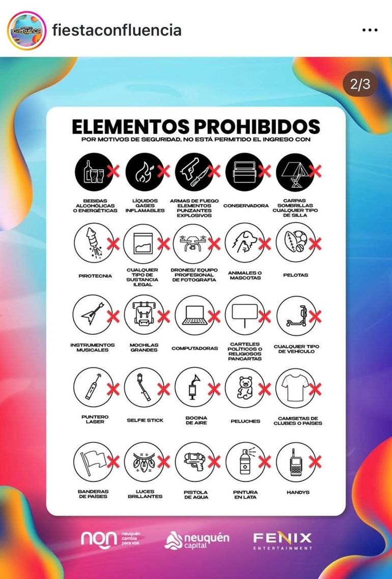 Los elementos prohibidos en la Fiesta de la Confluencia 2026 en Neuquén.