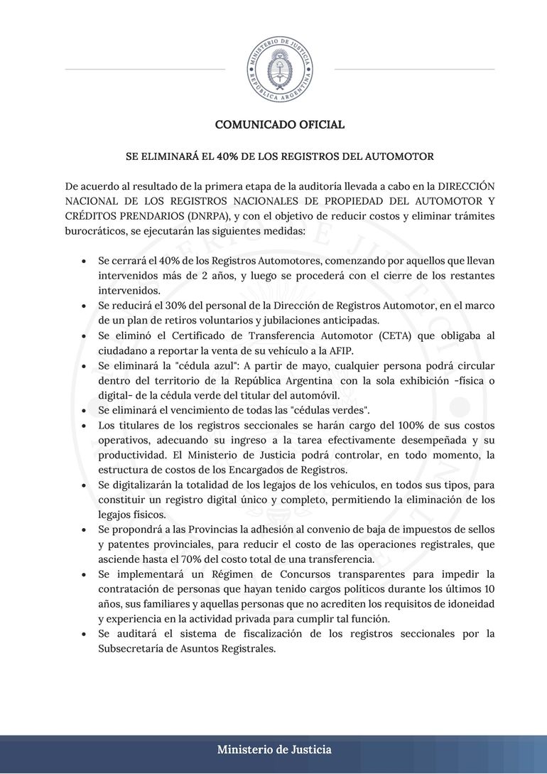 El comunicado oficial del Gobierno confirma el cierre del 40% de los Registros del Automotor. El comunicado oficial del Gobierno confirma el cierre del 40% de los Registros del Automotor.
