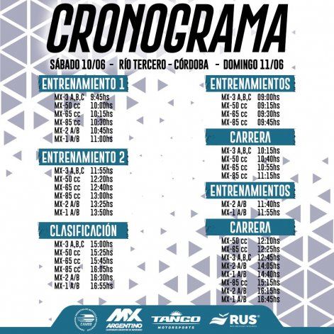 Los horarios del MX Argentino para la tercera fecha, en Rio Tercero. Los horarios del MX Argentino para la tercera fecha, en Rio Tercero.