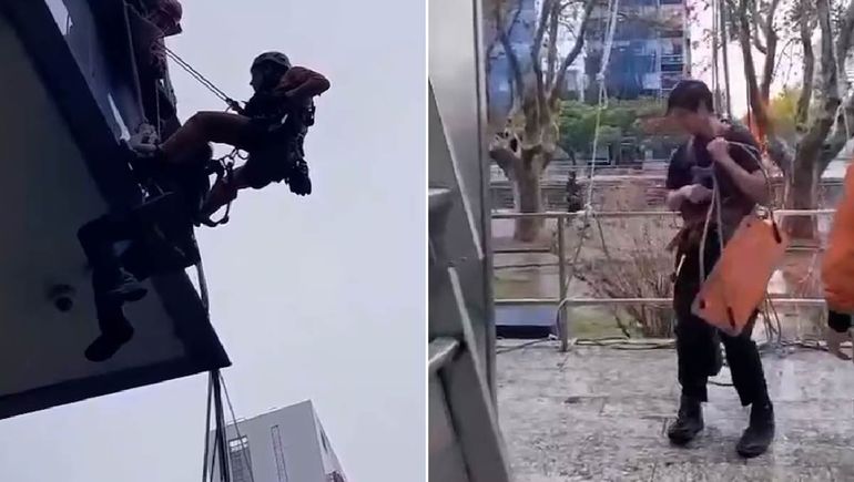Bomberos del AMBA acudieron al rescate del trabajador que se encontraba atascado en el segundo piso de un conocido edificio de telefonía de Puerto Madero.