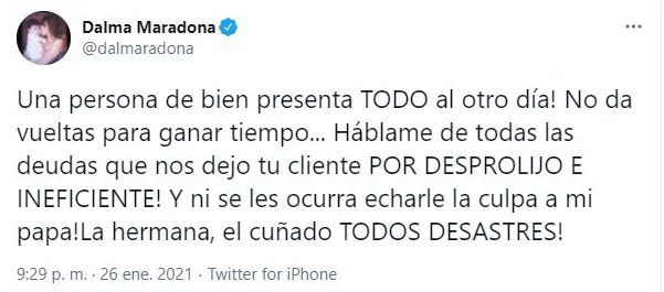 Dalma Maradona contra Matías Morla: "Una persona de bien presenta todo"