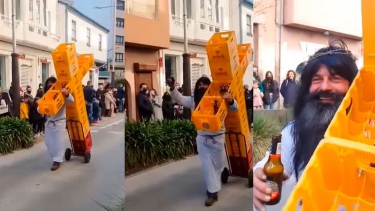 Vía Crucis: se hizo viral por cargar una cruz hecha con cajas de cerveza