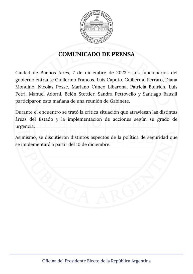 El comunicado de prensa de Javier Milei sobre la reunión.
