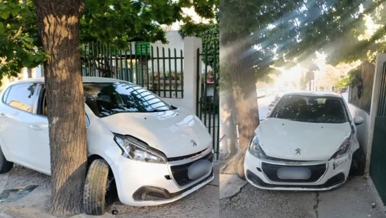 Un borracho abandonó su auto, incrustado entre una casa y un árbol, en plena calle Alderete