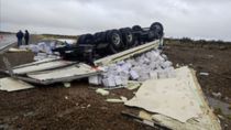 Diez toneladas de langostinos desparramados en la ruta 3: el temporal volteó un camión en Chubut Diez toneladas de langostinos desparramados en la ruta 3: el temporal volteó un camión en Chubut