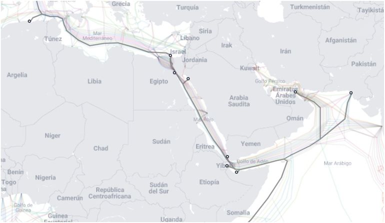 El recorrido de uno de los cables a través del Mar Rojo. El recorrido de uno de los cables a través del Mar Rojo.