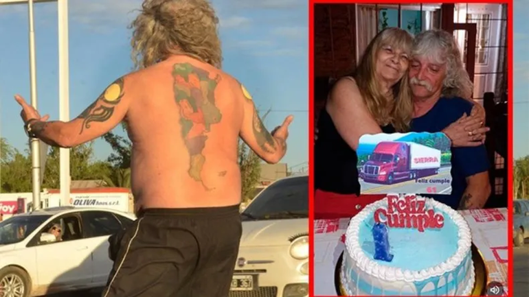 El Vasco el sábado en la rotonda y junto a su querida Susi cuando cumplió 61. Foto Antonio Spagnuolo.