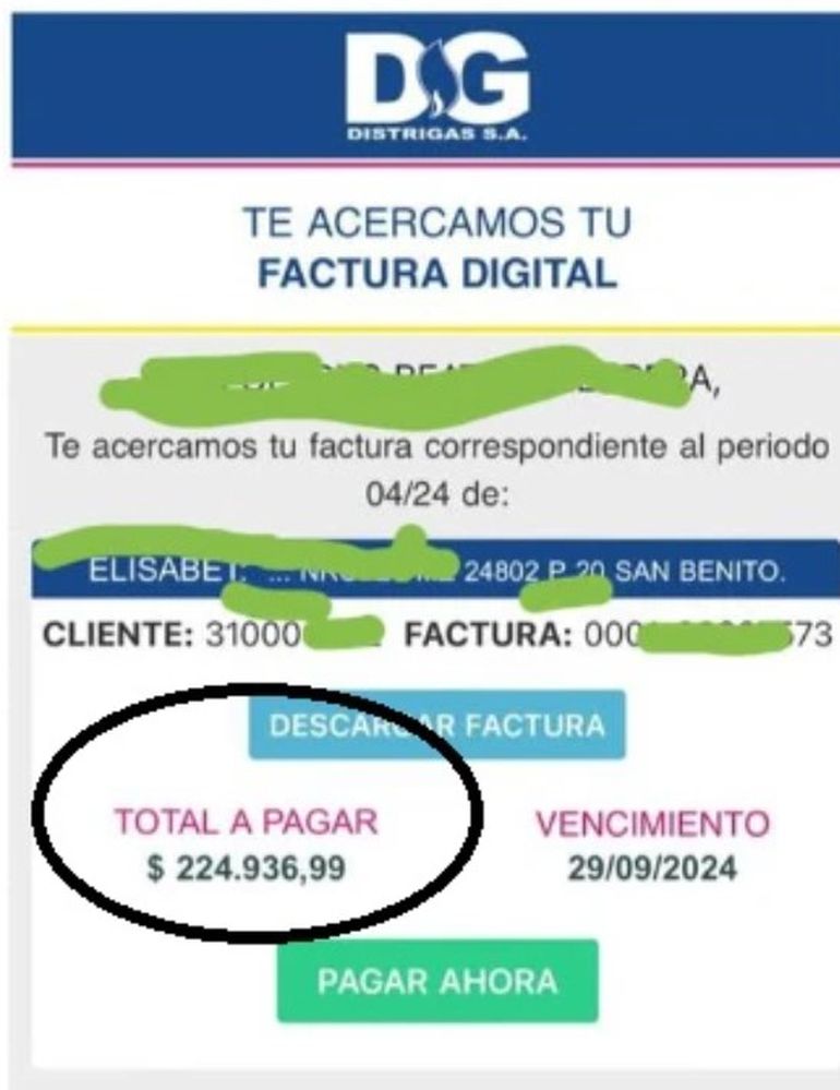 La captura de pantalla que hizo el hijo de la jubilada de Santa Cruz al consultar online la factura de gas. La captura de pantalla que hizo el hijo de la jubilada de Santa Cruz al consultar online la factura de gas. 