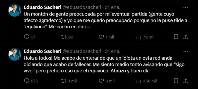 Eduardo Sacheri desmiente la información brindada por un usuario de X (ex twitter) sobre su persona. Eduardo Sacheri desmiente la información brindada por un usuario de X (ex twitter) sobre su persona.