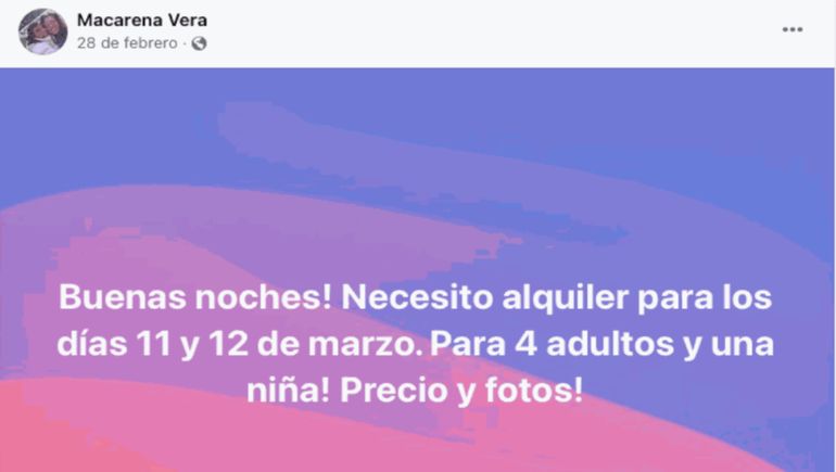 La víctima publicó en las redes sociales que buscaba un alquiler por un par de días en San Martín de los Andes y fue víctima de una estafa.