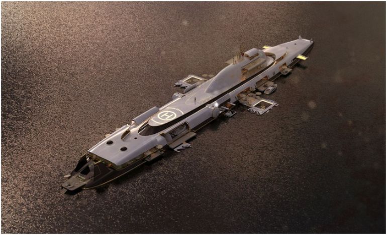 El superyate sumergible tiene helipuerto y otros elementos de lujo. El superyate sumergible tiene helipuerto y otros elementos de lujo.