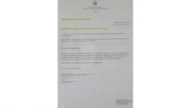Pedido del espacio donde funcionaba la base 6 del SIEN. Pedido del espacio donde funcionaba la base 6 del SIEN.