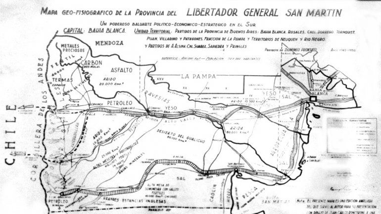 El mapa que dibujó Pronsato incluyendo a La Pampa y parte de Buenos Aires.