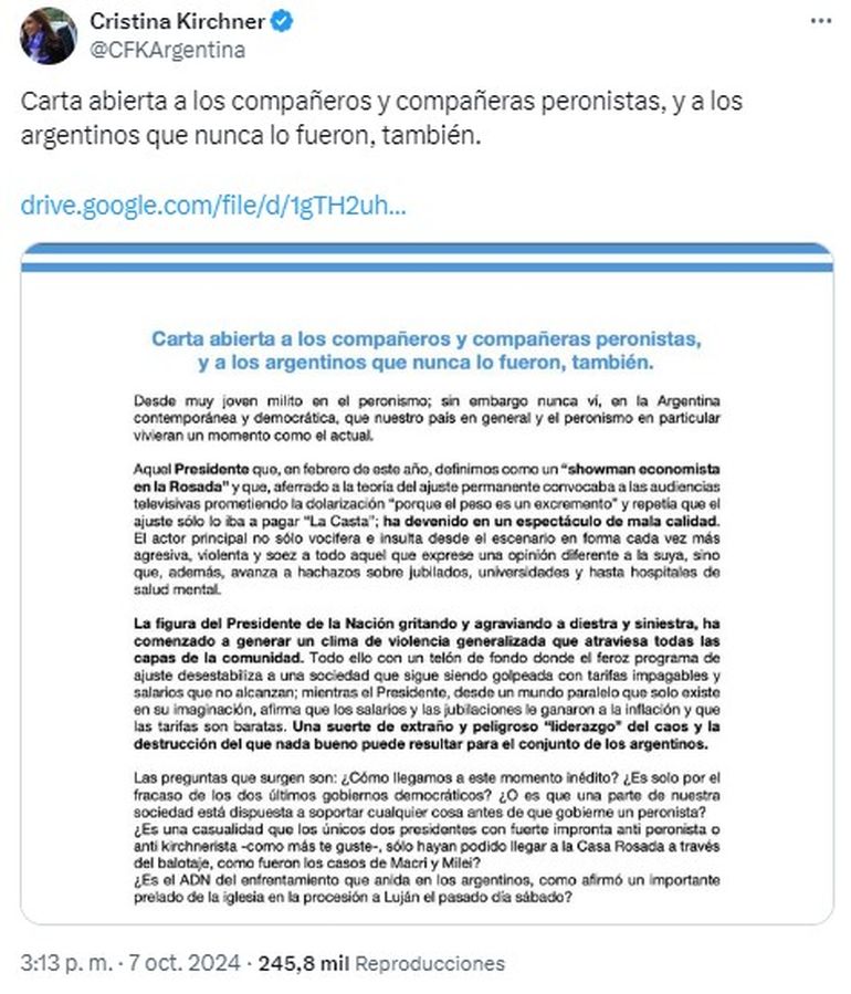 Cristina Kirchner publicó la carta en sus redes sociales. Cristina Kirchner publicó la carta en sus redes sociales.