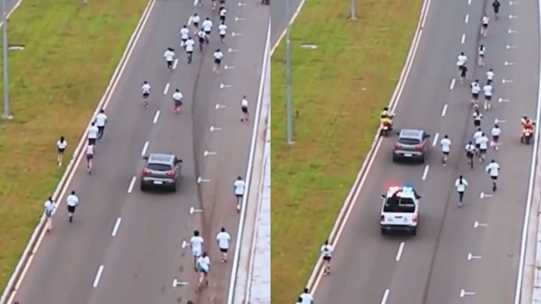 El auto conducido por La Vaca Leguizamón Díaz avanzó a gran velocidad en medio de los participantes de la maratón. | LM Neuquen El auto conducido por La Vaca Leguizamón Díaz avanzó a gran velocidad en medio de los participantes de la maratón.
