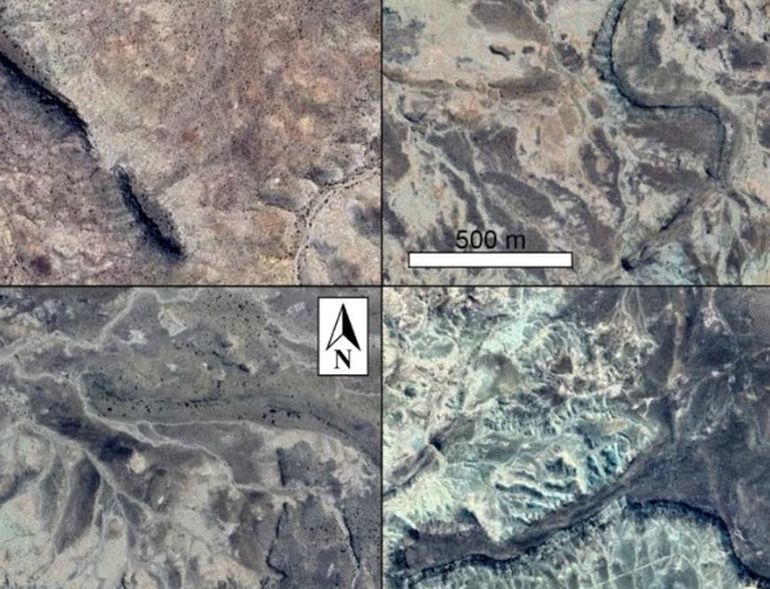 Una característica particular de la cuenca de ríos fosilizados de Chubut es que se puede visualizar mediante imágenes satelitales. Una característica particular de la cuenca de ríos fosilizados de Chubut es que se puede visualizar mediante imágenes satelitales.