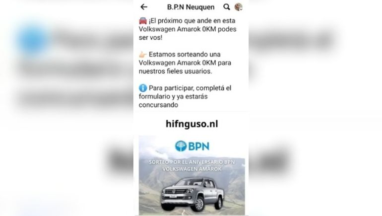 Alerta estafa: captan víctimas con un falso sorteo de una camioneta en nombre del BPN