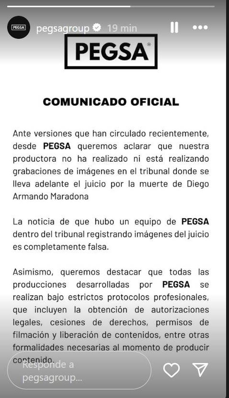 La productora PEGSA se defendió y dijo que no esta filmando ningún documental sobre el juicio de la muerte de Diego Armando Maradona. La productora PEGSA se defendió y dijo que no esta filmando ningún documental sobre el juicio de la muerte de Diego Armando Maradona.