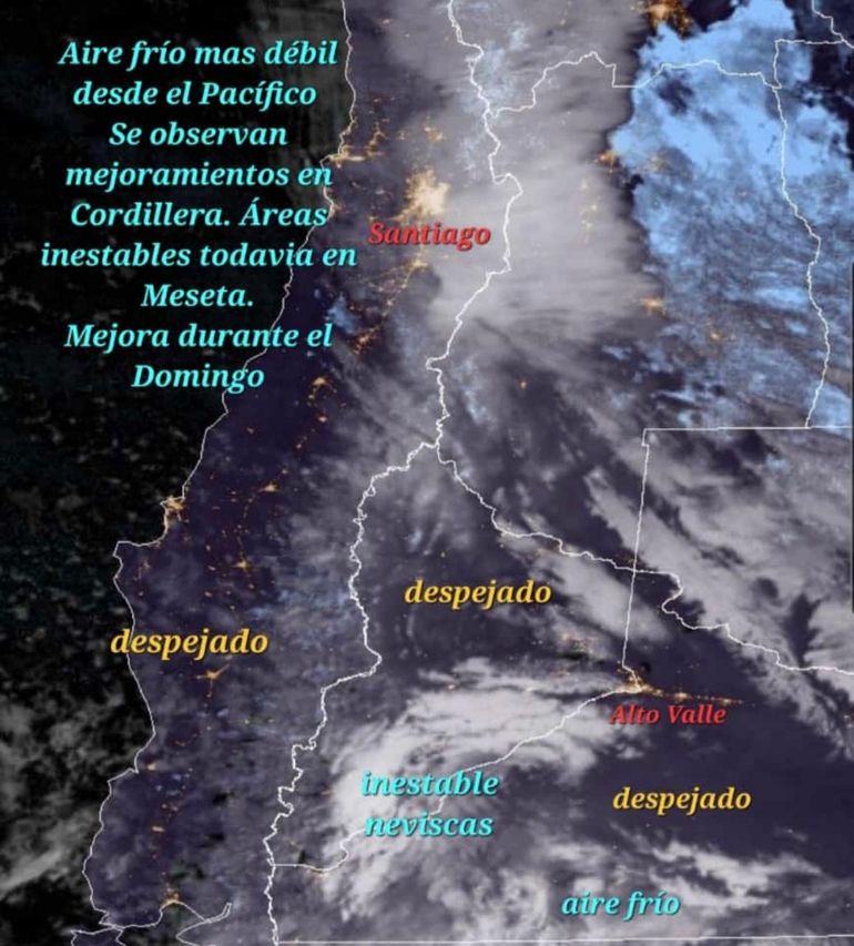 El pronóstico indica que ingresa un aire fresco débil desde el Pacífico, según la AIC. Se mantienen las nevadas en el centro de la provincia. El pronóstico indica que ingresa un aire fresco débil desde el Pacífico, según la AIC. Se mantienen las nevadas en el centro de la provincia.