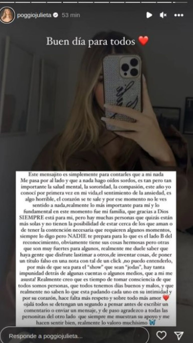 El mensaje de Julieta Poggio tras conocer el delicado momento de salud mental que atraviesa Maxi Giudicci. El mensaje de Julieta Poggio tras conocer el delicado momento de salud mental que atraviesa Maxi Giudicci.