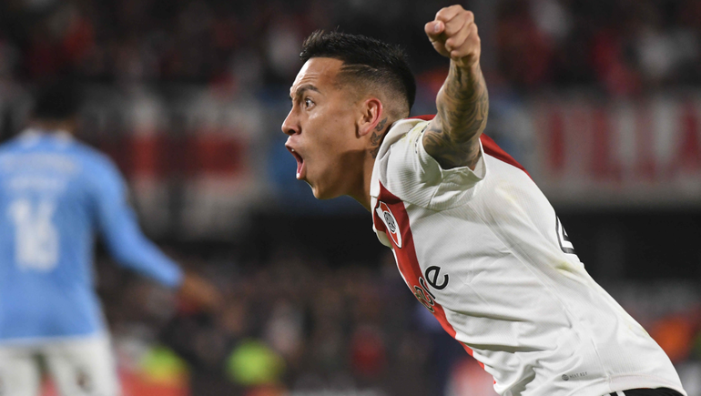 Esequiel Barco marcó dos goles y fue una de las figura de la noche para River. Fotos: Télam&nbsp;
