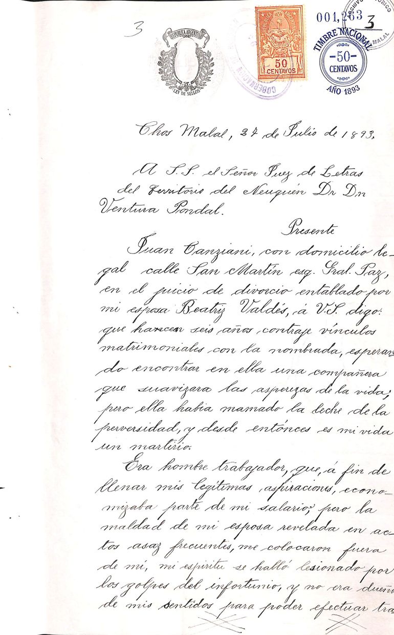 Una página del expediente con la presentación de Juan Canciani ante el Juez Letrado.