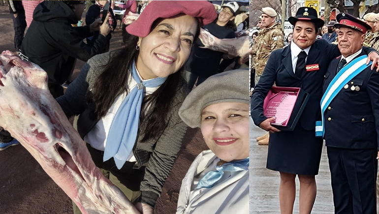Gabriela en el reciente torneo de asadoras y tras ser condecorada como bombera.