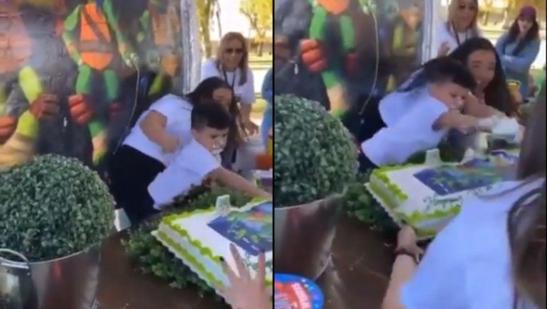 Twitter_ le hundió la cara en la torta a su sobrino y el nene tuvo una furiosa reacción