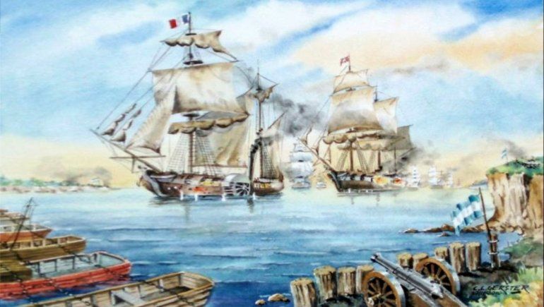 Pintura alusiva con el discurso de Alberto Fernández y la Batalla de la Vuelta de Obligado.