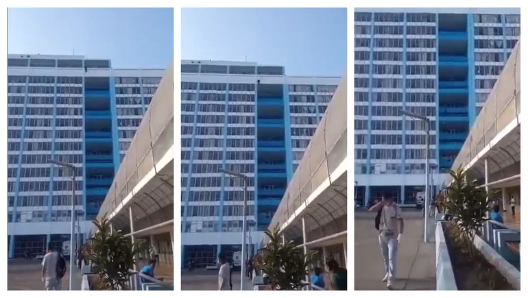 La secuencia de la caída de la mujer desde el piso 14 de un hospital de Lima, Perú, y la reacción de los testigos. La secuencia de la caída de la mujer desde el piso 14 de un hospital de Lima, Perú, y la reacción de los testigos.
