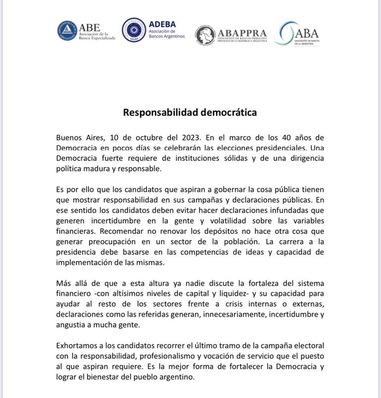 El comunicado de los bancos y el rechazo a Javier Milei. El comunicado de los bancos y el rechazo a Javier Milei.