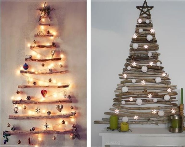 Montar un árbol de Navidad con maderas contra la pared ayuda a liberar espacio. Montar un árbol de Navidad con maderas contra la pared ayuda a liberar espacio.