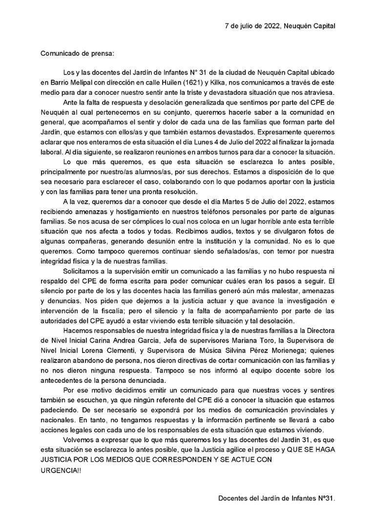 La carta publicada por los docentes del Jardín 31 de barrio Melipal