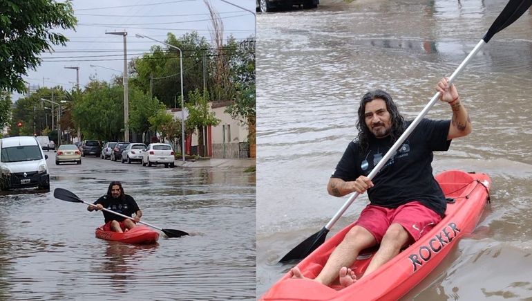 Se inundó su barrio y salió en kayak por las calles