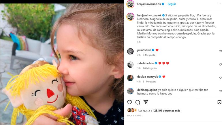La dedicatoria de Benjamín Vicuña para su hija Magnolia