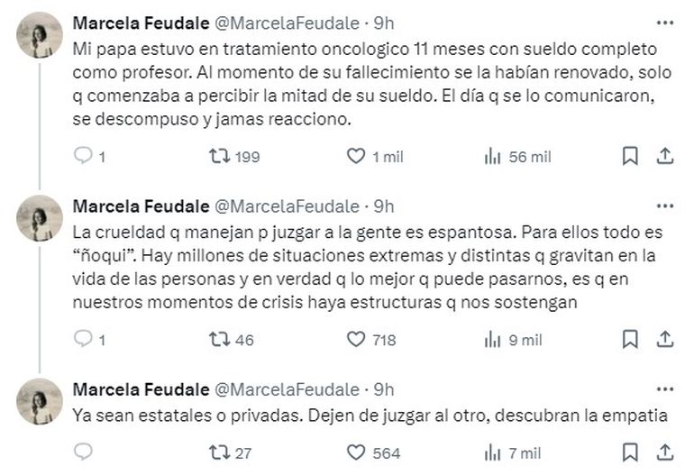 Los mensajes de Marcela Feudale en sus redes sociales. Los mensajes de Marcela Feudale en sus redes sociales.