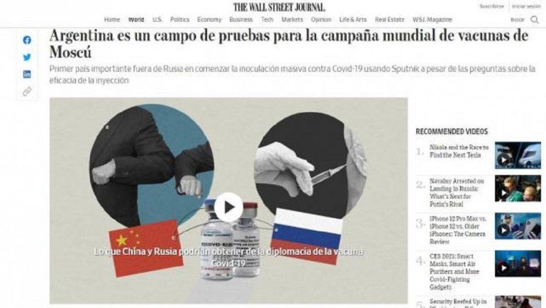 The Wall Street Journal asegura que Argentina es campo de pruebas para la Sputnik V
