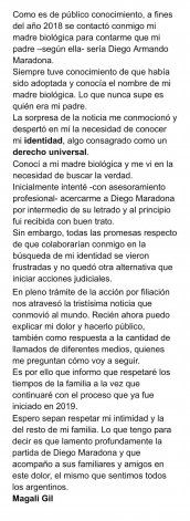 El texto que subió a sus redes la presunta sexta hija de Maradona.
