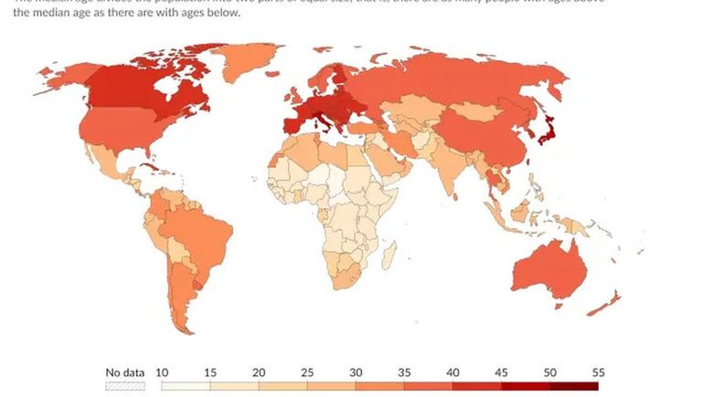 Un mapa muestra la edad promedio de cada país