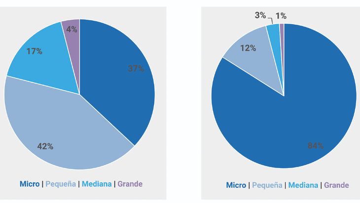 Radiograf&iacute;a del tama&ntilde;o de las empresas. El tama&ntilde;o por tramo de empleo de las empresas que intervienen en la cadena de valor de petr&oacute;leo y gas y total universo de compa&ntilde;&iacute;as empleadoras durante 2020.