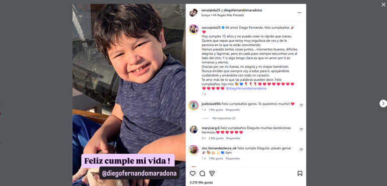 Desde su cuenta de Instagram, Verónica Ojeda le dedicó una extensa carta a su hijo. Desde su cuenta de Instagram, Verónica Ojeda le dedicó una extensa carta a su hijo.